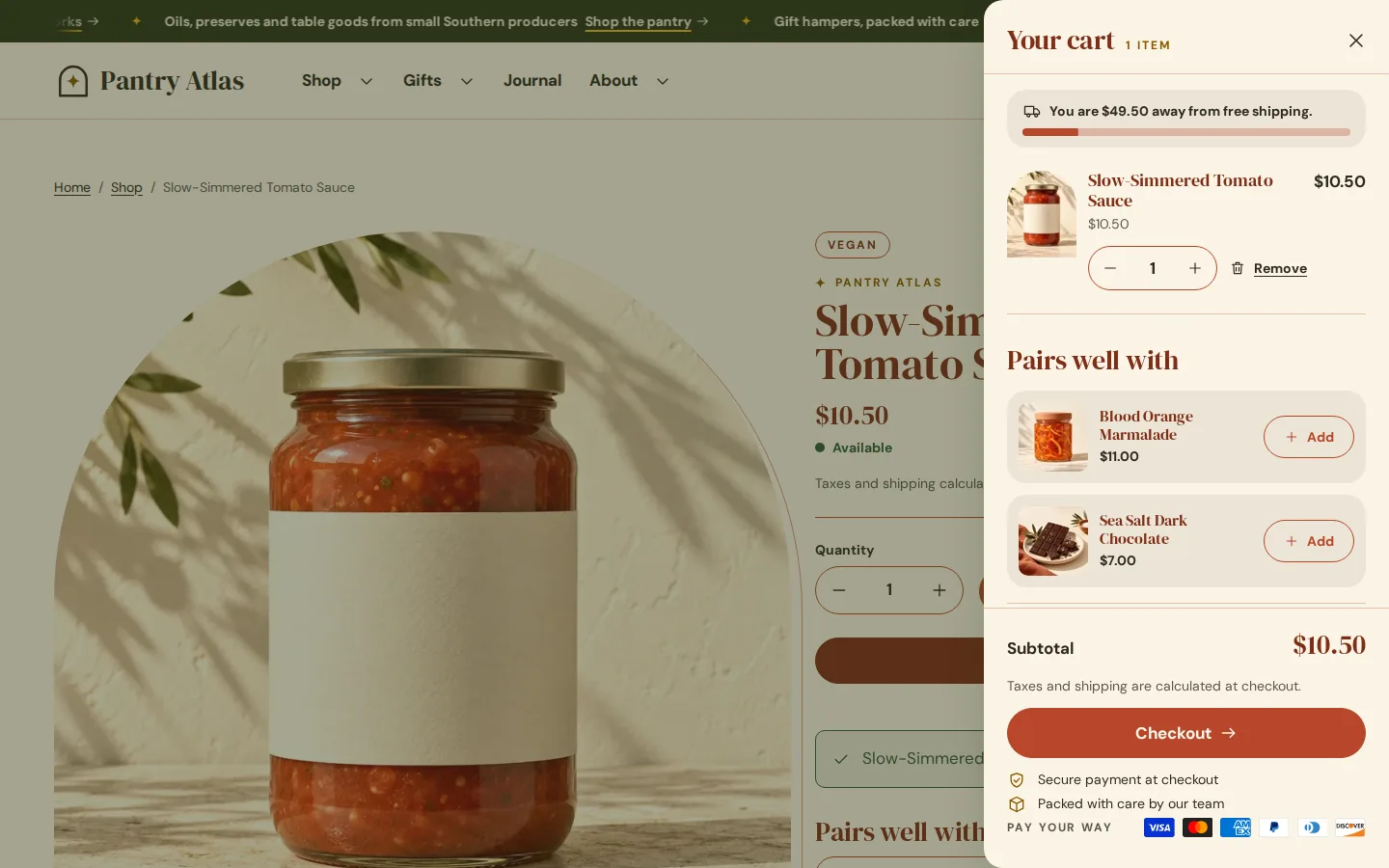 Terrazza cart drawer open over a product page, with a free shipping bar and pairing suggestions.