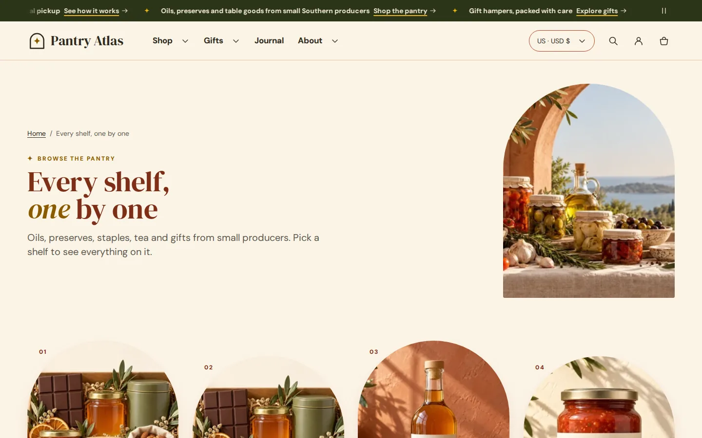Terrazza collection page with a breadcrumb, a headline and an arched photo.