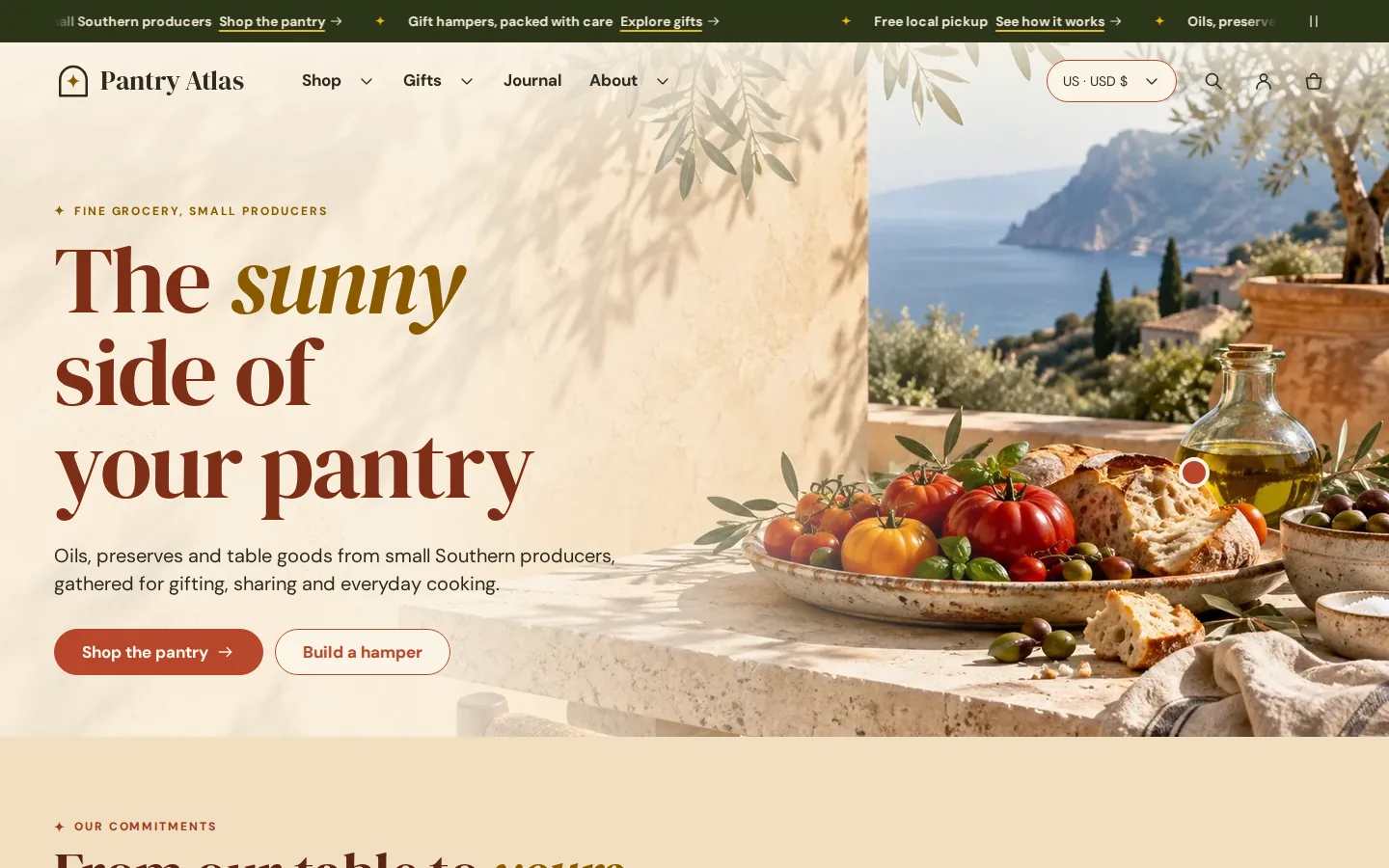 Terrazza home page on a desktop screen: a full-bleed hero with a Mediterranean table, a large serif headline and two terracotta buttons.