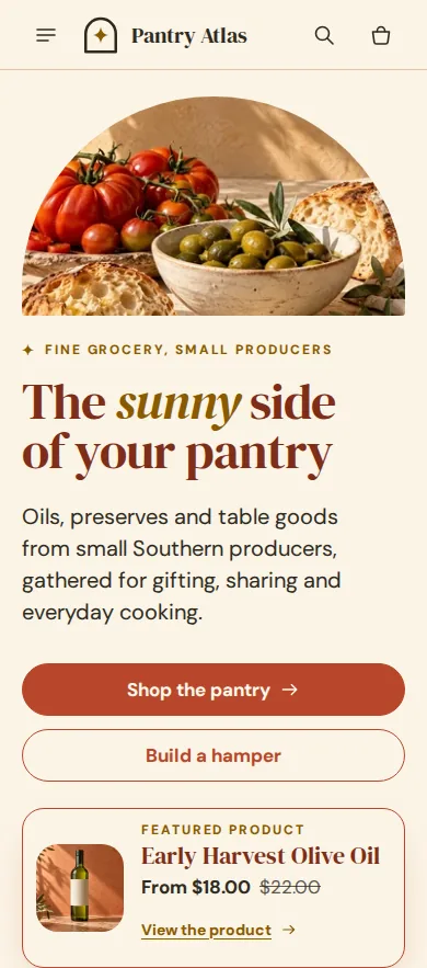 Terrazza home page on a phone: an arched photo of tomatoes and bread above the headline and two buttons.