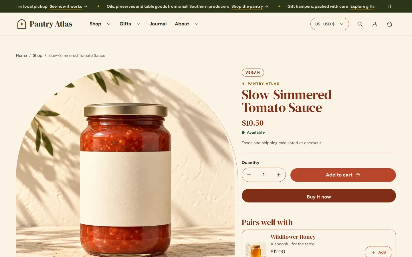 Terrazza product page: an arched photo of a tomato sauce jar next to the price, quantity and add to cart buttons.